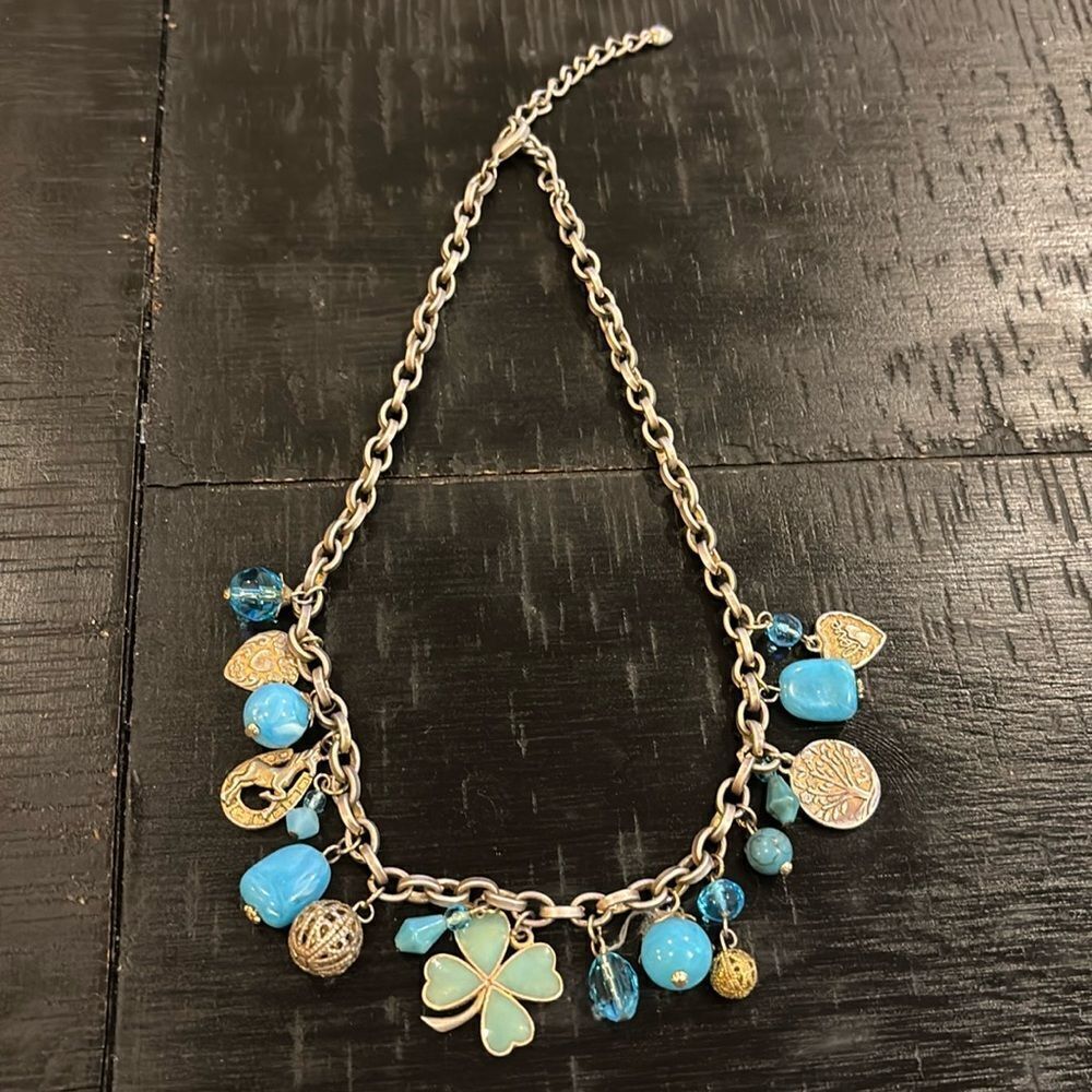 Good Luck Clover Horse Shoe Tree Heart Dangle Light Blue Silver Chain Necklace